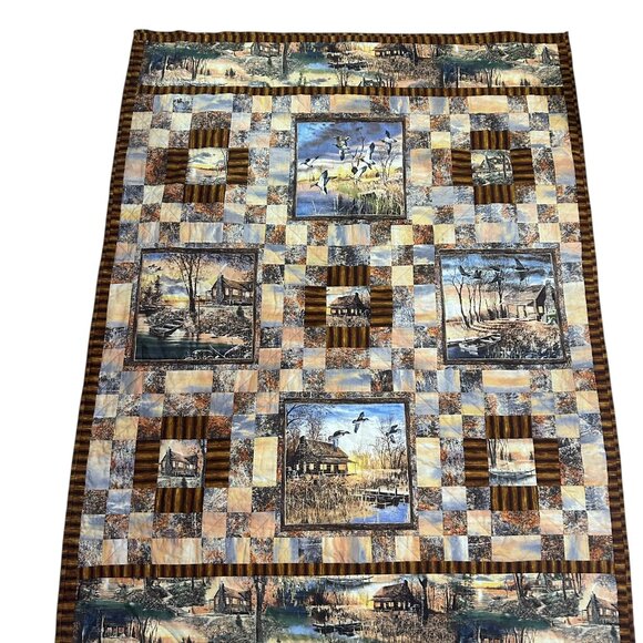 Handmade Quilt Throw 41x56 Vintage Ranch Cabin Scenery Ducks Brown Rust Gray - Picture 5 of 6